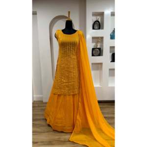 Ensemble de vêtements de fête pour femmes de designer haut et bas Dupatta avec miroir en papier complexe - Product Image 6