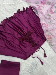 Colección de Kurti-Pantalón y Dupatta de satén de seda japonés de diseñador para fiestas, con volantes acampanados sin mangas, lista para usar, para mujer. - Product Image 6