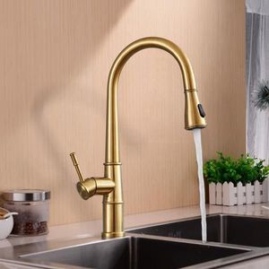 Single-Hole Deck Mount Gold Kitchen Faucet 1Handle Brushed Gold Sink Faucets with 360 Degree High Arc Pull Sprayer Design - Product Image 6