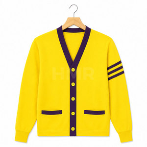 Cárdigan de Punto Acrílico Amarillo con Cuello en V de la Hermandad HMR, Manga Larga, Color Sólido, Estilo Casual con Ribete Morado - Product Image 5