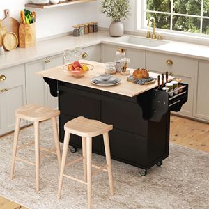 Isola da Cucina Moderna Nera con Ruote, in Rovere, con Piano Ribaltabile Regolabile, Cassetti Contenitori, Ante e Armadietti, Piano di Lavoro in Legno di Gomma - Product Image 2