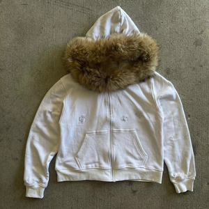 Veste à capuche blanche avec garniture en fausse fourrure, fermeture éclair et poches avant pour filles, vêtements d'hiver - Product Image 2