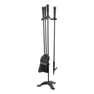 Set di 4 Attrezzi per Caminetto in Metallo con Supporto a Tre Punte, Paletta per Cenere, Spazzola e Pala per Legna - Product Image 1