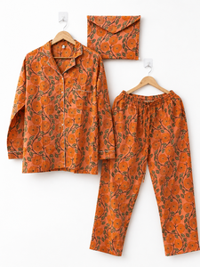 Conjunto de Camisón de Algodón 100% Ecológico y Transpirable con Estampado Floral Naranja para Mujer, 6 Piezas, Ropa de Dormir de Verano con Cierre de Botones - Product Image 1