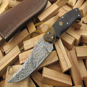 Cuchillo de Caza de Acero de Damasco, Hoja Fija de Espiga Completa, Cuchillo Skinner con Mango de Micarta y Funda de Cuero, Cuchillo para Acampar al Aire Libre - Product Image 1