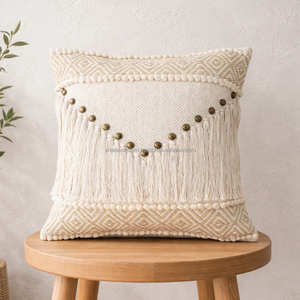 Boho Cushion Cover with Large Geometric Diamond Motif & Fringe, Decorative Woven <b>Throw</b> <b>Pillow</b>, Moroccan Inspired Ethnic Accent - Product Image 4