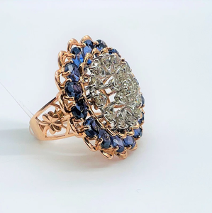 Flower Shape Rose Gold Plated Cocktail <b>Ring</b> With Natural Sapphire And Diamond Pave Setting For Women Wedding Jewelry - Product Image 1