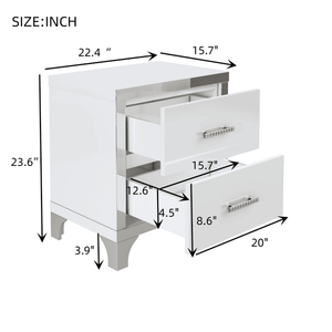 Elegant High Gloss Nightstand with Metal Handle <b>Mirrored</b> Bedside <b>Table</b> with 2 Drawers for Bedroom Living Room Available in White - Product Image 5