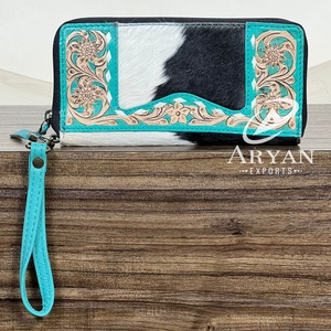 Vintage Genuine Cowhide Leather <b>Wallet</b> Clutch Hand Tooled Floral Western <b>Wristlet</b> Purse Handmade Coin Card Phone Organizer - Product Image 1