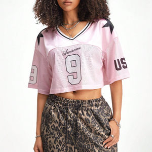 Camiseta Corta de Fútbol Americano con Estampado Personalizado OEM para Mujer, Manga Corta de Verano, Hombros Caídos, Cuello en V, Tallas Grandes, Transferencia Térmica - Product Image 1