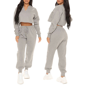 Women Solid Color V-Neck Crop <b>Top</b> Tracksuit With Drawstring Pants Full Sleeve Casual Loose Fit Autumn Wear 100% Cotton - Product Image 2