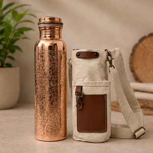 Minimalist Engraved Copper Water <b>Bottle</b> <b>Brush</b> And Pouch Set Eco-friendly Portable Multi-Use Home Use with Coaster Lids - Product Image 2