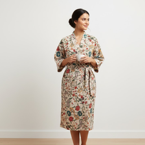 Robe kimono en coton artisanal à fleurs pour femme, peignoir à manches longues, vêtement de détente, peignoir de bain avec ceinture et poches - Product Image 4
