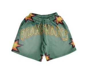 BRANDNAME <b>Men's</b> <b>Green</b> <b>Shorts</b> With Star Print Drawstring Waist Casual Sportwear 100% Polyester Breathable Knitted Front Logo - Product Image 1
