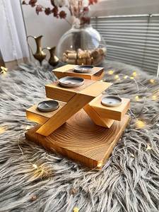 Support de bougie carré en bois, support géométrique pour bougie chauffe-plat, centre de table décoratif, décoration de Noël pour la maison - Product Image 1