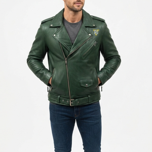 Chaqueta de Motociclista de Cuero Verde para Hombre, Corte Ajustado, Cuello Camisero, Cierre de Cremallera, Manga Larga, Estilo Otoño-Invierno - Product Image 2