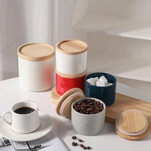 Ensemble de 5 pots de conservation en céramique avec couvercles en bambou, hermétiques, adaptés aux aliments, durables, organiseur de cuisine, rangement moderne - Product Image 1