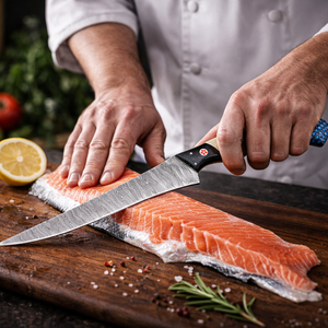 Cuchillo de filetear pescado de acero de Damasco hecho a mano, 8 pulgadas, extra afilado, mango de resina azul estilo panal de abeja, diseño moderno, ambidiestro - Product Image 2