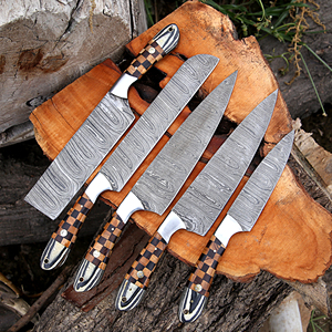 Handmade Custom Damascus Steel Kitchen Chef <b>Knife</b> <b>Set</b> with Roll Beg Includes Vegetables Cutting <b>Knife</b> and Pakka Wood Handle - Product Image 1