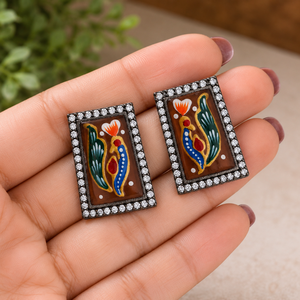 Bulk Price Antique <b>Silver</b> Plated Cute Geometric Bezel Setting Traditional Hand Painted Minakari Artwork <b>Stud</b> <b>Earrings</b> Women - Product Image 3