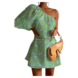 Robe en tissu de coton à une épaule et manches bouffantes, imprimée à la main, prix de gros usine, très vendue pour tenues décontractées - Product Image 3