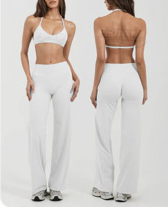 Conjunto de 2 piezas de leggings acampanados y sujetador deportivo halter sin costuras personalizado, de alta calidad, con cintura elástica, ropa de gimnasio para mujer, cintura alta - Product Image 2