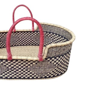 Natural fiber black and <b>white</b> houndstooth seagrass changing <b>basket</b> plus rattan changing kid <b>basket</b> with pink handles - Product Image 4