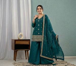 New Solid Designer Party Wear Heavy Roman Silk 3mm Sequence Embroidery Work <b>Top</b> & Plazzo Dupatta Fancy Style - Product Image 1