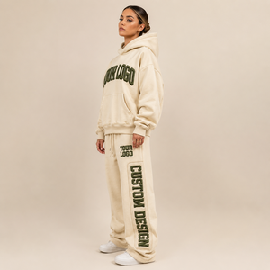 Ensemble de survêtement baggy deux pièces avec logo brodé personnalisé, pantalon de jogging à jambe large avec revers, en molleton brossé, fournisseur en gros - Product Image 2