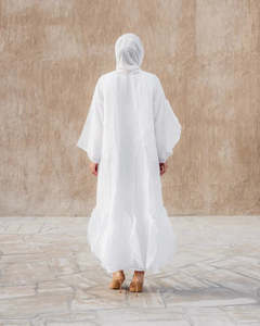 New2026 White Cotton Abaya With Ruffle Hem Long Sleeve Loose Fit Midi Length Modest Dress For Women Middle Eastern Style - Product Image 5