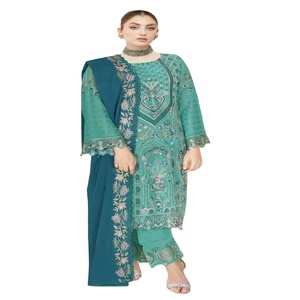 Ramsha Nayab Collection de mousseline de soie de luxe 3 pièces broderie lourde Design moderne multicolore pour les mariages indiens pakistanais - Product Image 1