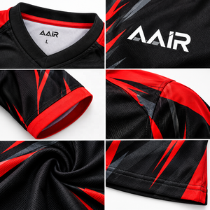 Ensemble uniforme de tennis de table AAIR noir et rouge, col en V, maillot à manches courtes, short respirant, tenue d'équipe unisexe, 100 % polyester numérique - Product Image 5
