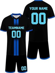 เสื้อฟุตบอลสั่งทำพิเศษ คอวี ระบายอากาศได้ดี ซับเหงื่อ 100% โพลีเอสเตอร์ สีดำ-น้ำเงิน พร้อมชื่อทีมและหมายเลข แขนสั้น - Product Image 1