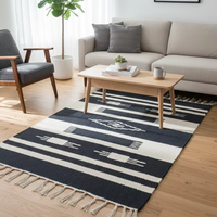 Tapis rectangulaire moderne en coton tissé et pelucheux, motif floral, 950 g/m², lavable en machine, réversible, noir et blanc, pour la maison, les voyages et les pique-niques