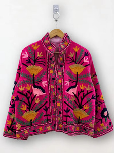Blouson bomber en velours 100% brodé de motifs floraux colorés Suzani, réversible, style bohème vintage, court, automne hiver été, taille unique - Product Image 3
