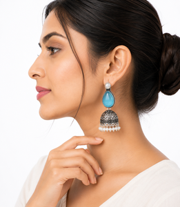 Pendientes Jhumka de Plata Oxidada Azul con Forma de Lágrima, Hechos a Mano, con Perlas, Estilo Étnico Indio Bohemio, para Mujer, Venta al por Mayor - Product Image 1