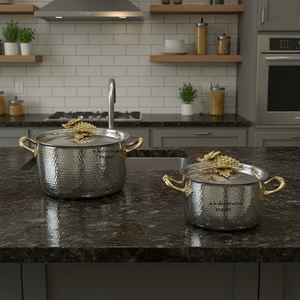 Juego de 2 Ollas de Metal Martillado de Lujo, Diseño Europeo Moderno Ecológico, Detalles en Tono Dorado, Aptas para Gas e Inducción - Product Image 5