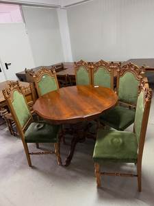 Luxury Handcrafted <b>Solid</b> <b>Wood</b> 6 Seater Round Dining <b>Table</b> Set Antique Victorian Style Green Velvet - Product Image 5