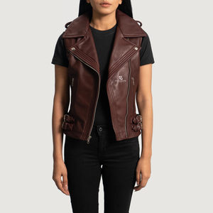 Women Genuine <b>Leather</b> Motorcycle <b>Biker</b> <b>Vest</b> Slim Fit Sleeveless Waistcoat Vintage Outerwear Casual Zipper Pockets Fashion - Product Image 4