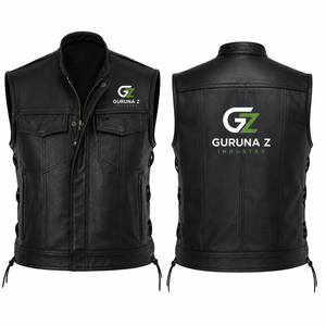 Gilet en cuir de motard style club Guruna pour homme, en cuir de vachette et patchwork denim, veste sans manches Anarchy Biker Z Industry, 220g - Product Image 1