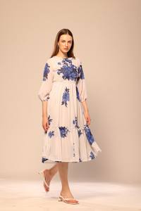 Fashion Women White Floral Printed Maxi Dress with <b>Three</b> Quater Sleeves Evening Dress for Daily Wear for Export Selling Price - Product Image 5