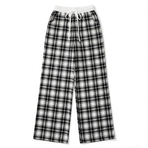 <b>Womens</b> <b>Black</b> Plaid Wide Leg Lounge <b>Pants</b> White Elastic Waistband Drawstring Side Pockets Casual Sleepwear Bottoms Daily In - Product Image 1