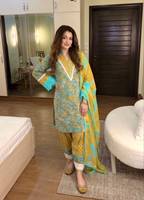 Ensemble Salwar Kameez pour femmes en dentelle jaune et bleue tissée et imprimée, haut long, pantalon large, châle, tenue pakistanaise