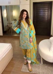 Yellow <b>Blue</b> <b>Lace</b> Woven Printed Women Salwar Kameez Set Long <b>Top</b> Wide Leg Pants Shawl Pakistani Outfit - Product Image 4