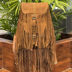 Venta al por mayor de fábrica, mochila de viaje para mujer, cuero de vaca, gamuza, mochilas grandes con flecos, mochilas clásicas con cordón bohemio occidental - Product Image 4