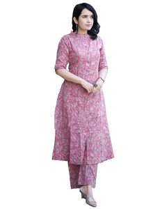 Conjunto de pantalón y kurta de mezcla de algodón con estampado floral para mujer, ropa étnica informal - Product Image 3