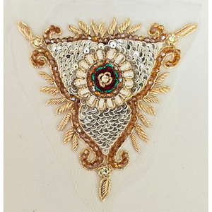 Triangle Sequin Applique <b>Patch</b> Handmade Embroidered Decorative <b>Sew</b>-<b>On</b> Fabric Motif with Net Base & Bullion at Outstanding Price - Product Image 1