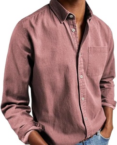 Chemise boutonnée en coton rose pour homme, manches longues, col rabattu, couleur unie, avec poches, coupe classique, toutes saisons, haut décontracté - Product Image 6