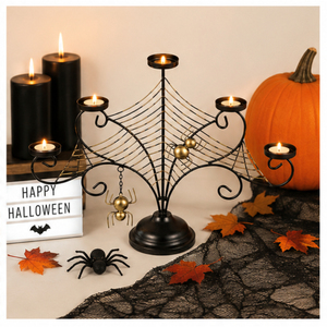 Candélabre en métal toile d'araignée à 5 bras, fait main, noir et or, centre de table d'Halloween pour une décoration gothique effrayante - Product Image 4