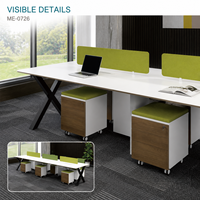 Poste de travail de bureau moderne pour 6 personnes avec dessus blancs, écrans d'intimité verts, pieds en X et supports de rangement mobiles